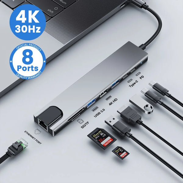 Divisor USB Tipo C HUB, Estação de ancoragem Thunderbolt 3, Adaptador Laptop, Macbook Air M1, iPad Pro, RJ45, HDMI