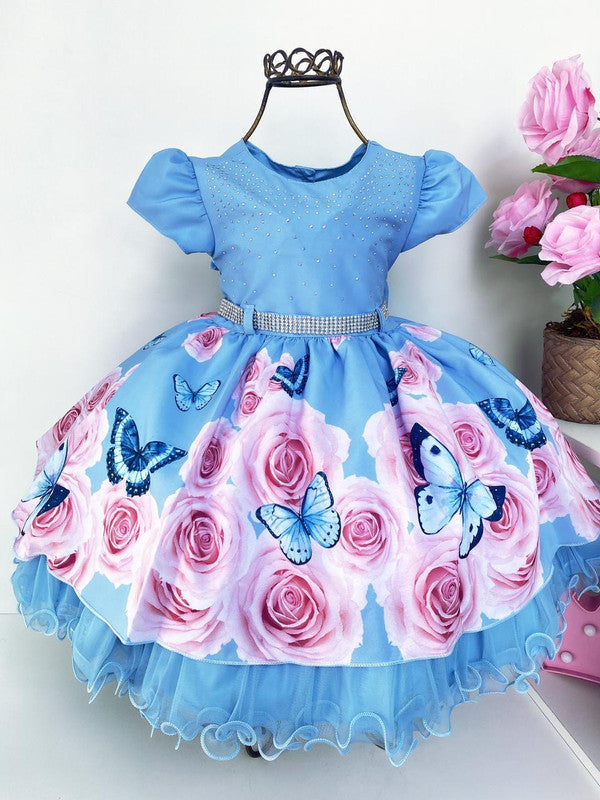 Vestido Infantil Azul Floral Jardim das Borboletas Strass Tamanho:1 (201401)
